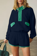 Black Colorblock Patchwork Half Button Pullover and Shorts Outfit