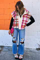 Rose Sherpa Plaid Collared Jacket Vest