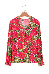 Red Floral Print Lace up V Neck Flounce Sleeve Blouse