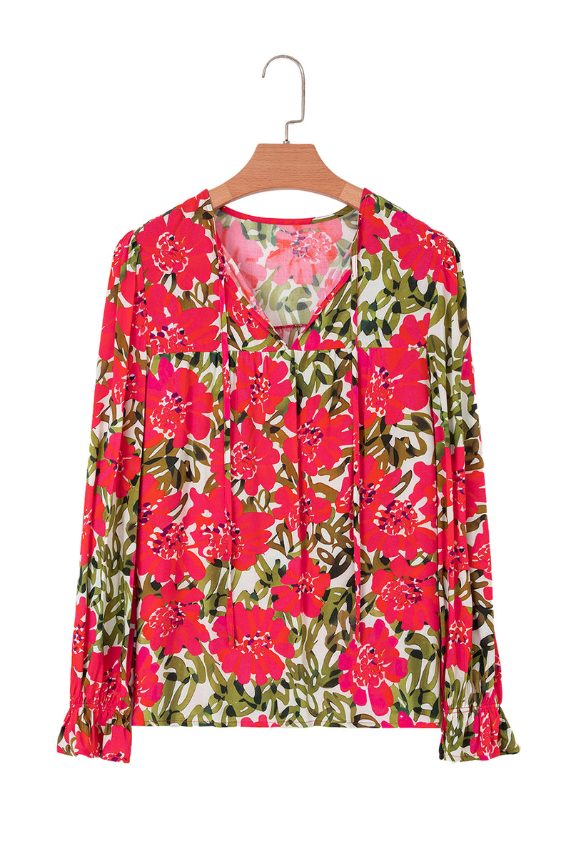 Red Floral Print Lace up V Neck Flounce Sleeve Blouse