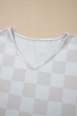 Beige Checkered V Neck Tee and Drawstring Shorts Pajama Set
