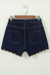 Navy Blue Embroidered Scalloped Trim Relaxed Denim Shorts
