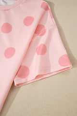 Sky Blue Polka Dot Print Loose Tee Drawstring Elastic Waist Short Set