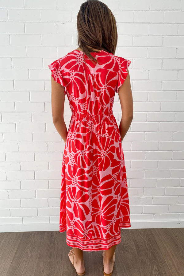 Red Boho Floral V-Neck Ruffle Shoulder Maxi Dress
