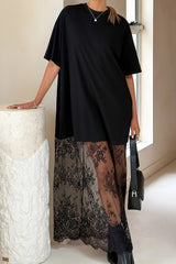 Red Sandalwood Floral Patchwork Short Sleeve T Shirt Loose Maxi Dress
