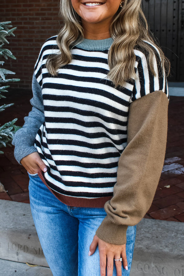 Black Striped Colorblock Patchwork Long Sleeve Sweater