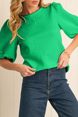 Phalaenopsis Solid Textured O Neck Puff Sleeve Blouse
