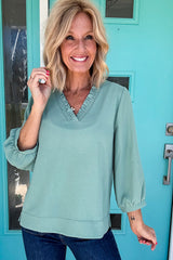Sky Blue Frill V Neckline Puff Sleeve Crinkled Blouse