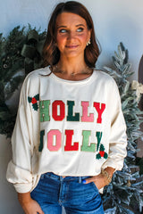 White Cream Collage Letter Christmas Pullover Sweatshirt