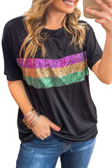 White Colorblock Sequin Mardi Gras Crewneck T Shirt