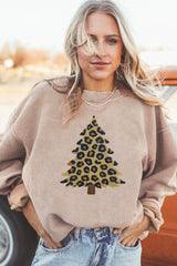 Apricot Leopard Christmas Tree Terry Flocking Corded Sweatshirt