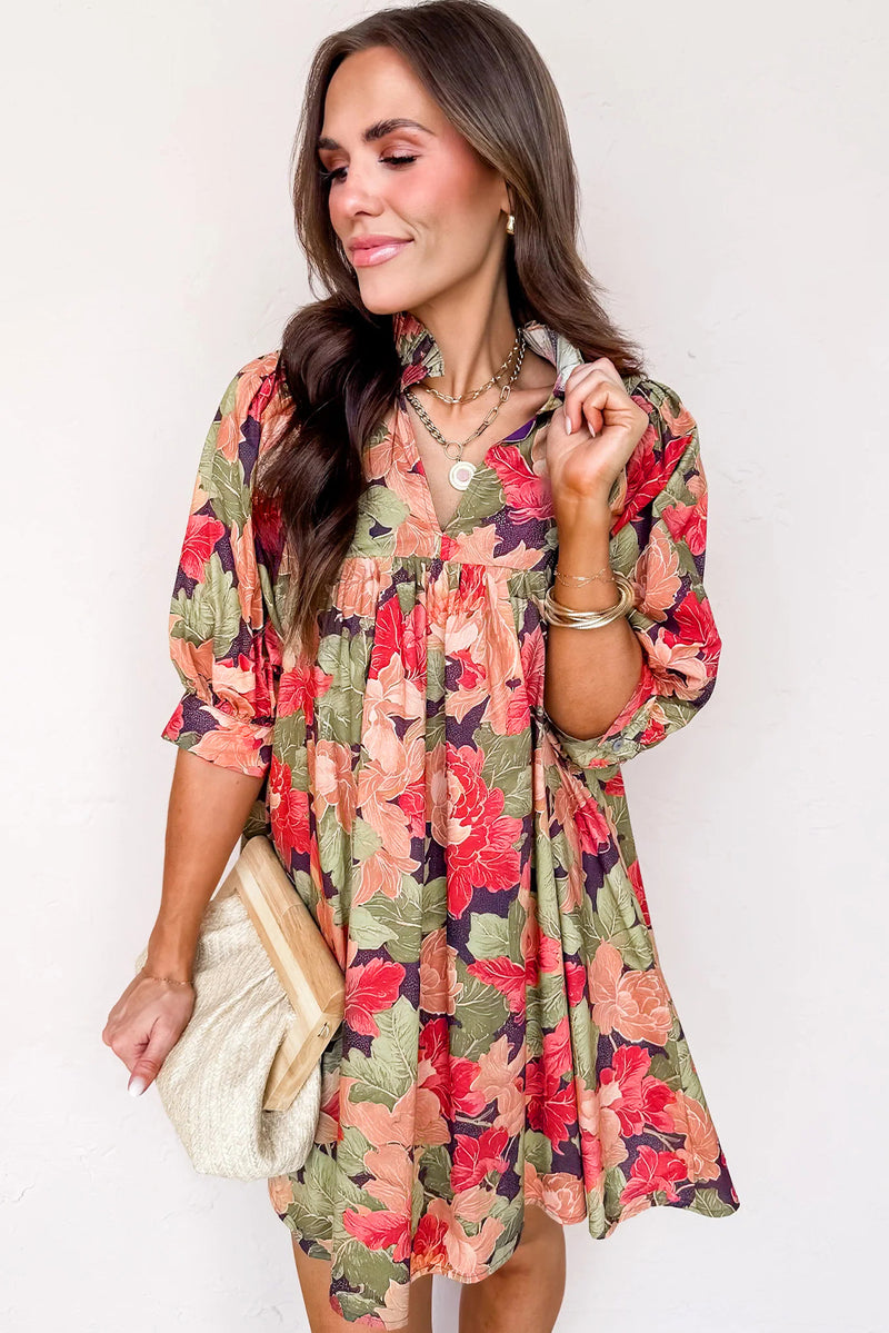 Green Floral Print Frilled V Neck Half Sleeve Mini Dress