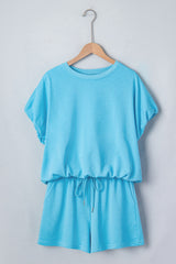 Green Solid Color Puffy Loose Top Drawstring Shorts 2pcs Outfit