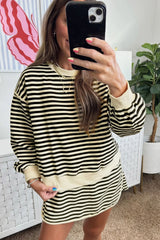 Black Stripe Textured Drop Shoulder Pullover Top Drawstring Mini Skirt Two Piece Dress Set