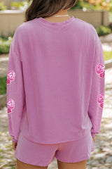 Phalaenopsis Corded Rib Sequin Bow Patched Long Sleeve Top and Shorts 2pcs Set