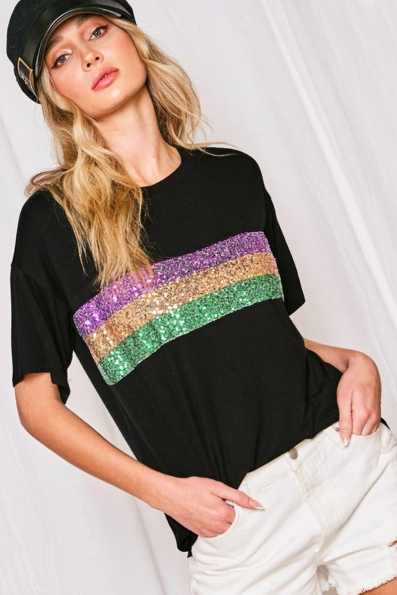 White Colorblock Sequin Mardi Gras Crewneck T Shirt