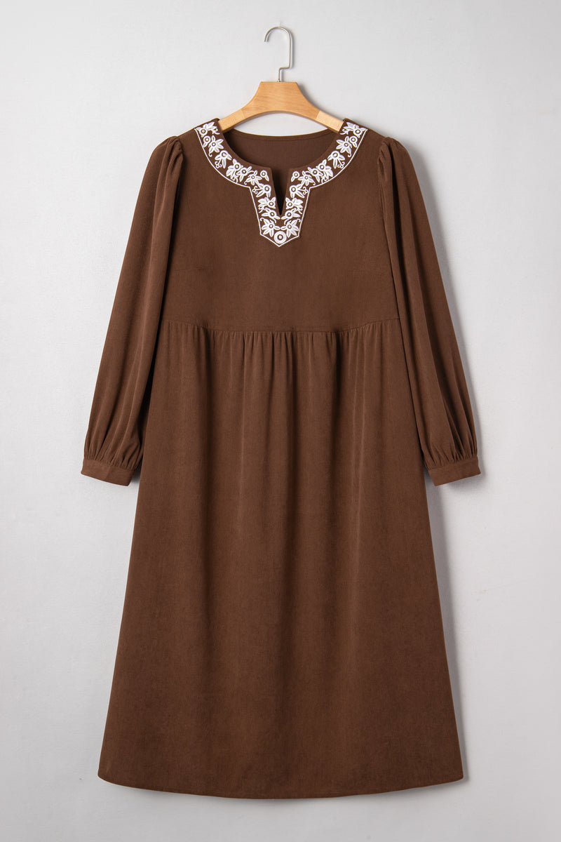 Coffee Embroidered Notched Neckline Textured Pleated High Waist Plus Size Midi Dress