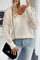 Beige Waffle V Neck Patchwork Lace Long Sleeve Top