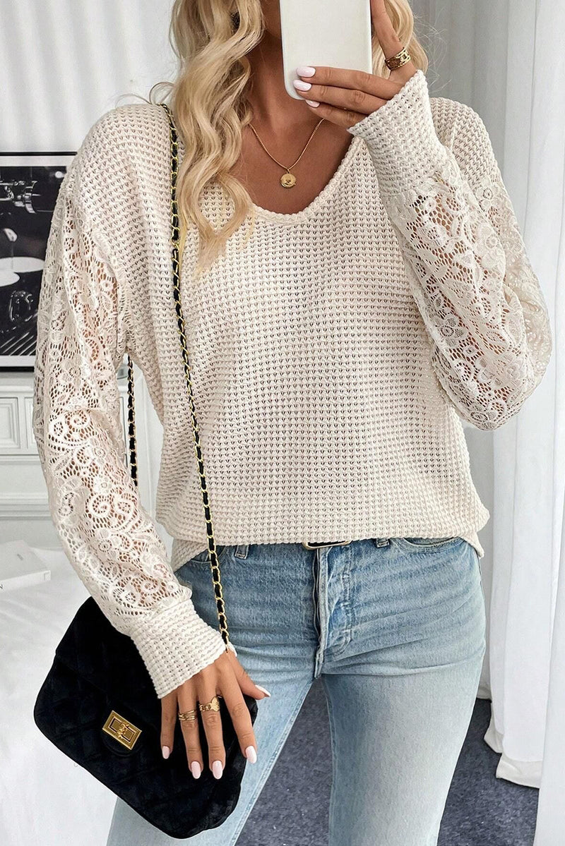 Beige Waffle V Neck Patchwork Lace Long Sleeve Top