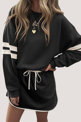 Fiery Red Varsity Stripe Detail Drop Shoulder Pullover Mini Skirt Set