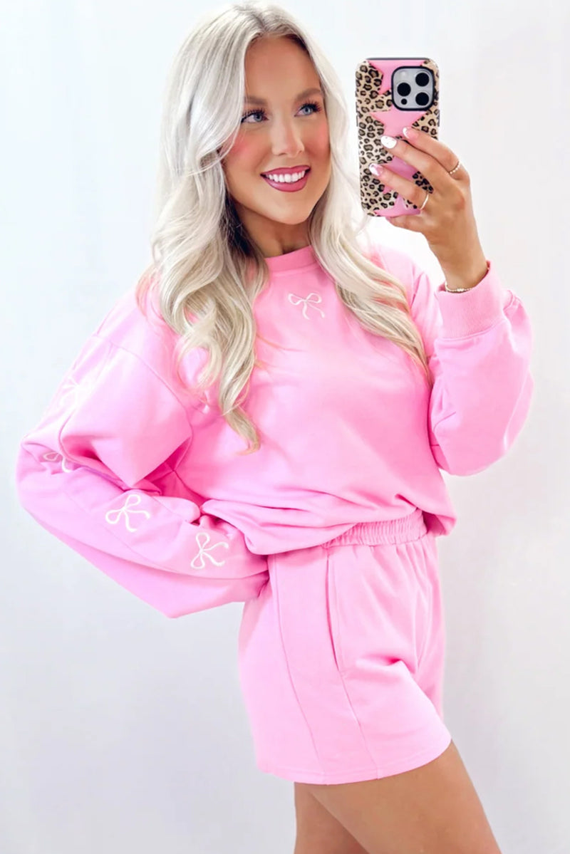 Sachet Pink Bow Embroidery Long Sleeve Pullover and High Waist Shorts Set