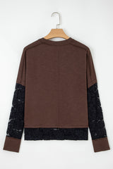 Dark Brown Spooky Graphic Heat Transfer Printing + Rhinestone Transfer Lace Patchwork Long Sleeve T Shirt