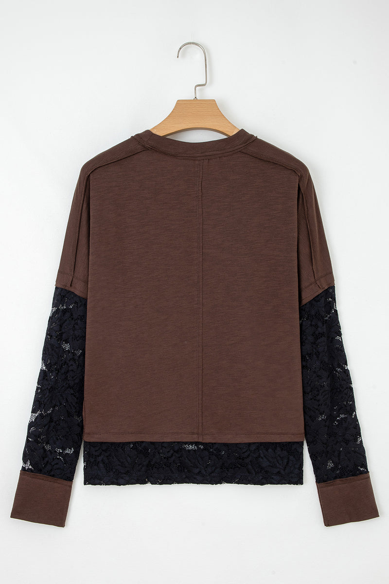 Dark Brown Spooky Graphic Heat Transfer Printing + Rhinestone Transfer Lace Patchwork Long Sleeve T Shirt