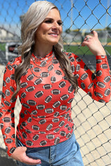Red Game Day Football Mesh Sheer Long Sleeve Top