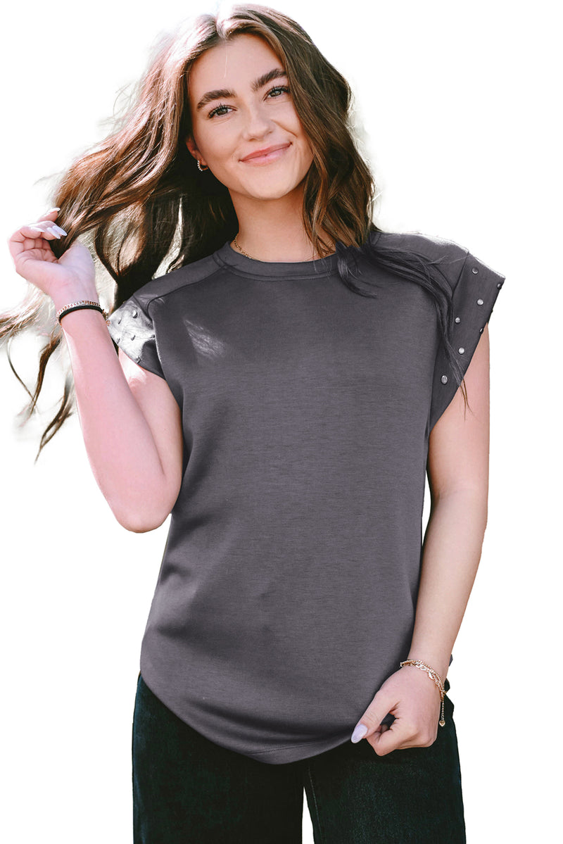 Black Casual Rivet Round Neck T Shirt
