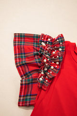Racing Red Santa Claus Graphic Sequins Patch Plaid Pearl Sleeve Patchwork Top