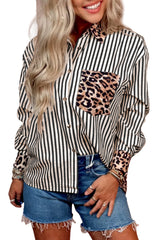 Black Leopard and Striped Patchwork Button Shirt
