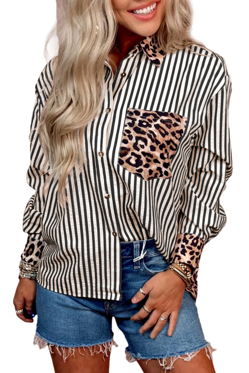 Black Leopard and Striped Patchwork Button Shirt
