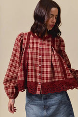 Red Dahlia Plaid Lace Hem Button Down Shirt