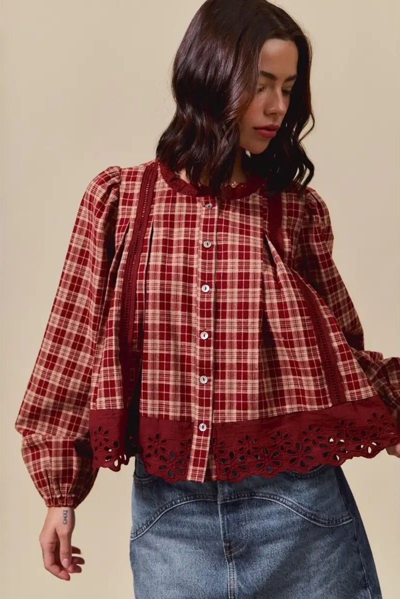 Red Dahlia Plaid Lace Hem Button Down Shirt