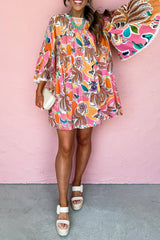 Pink Palm Paradise Floral Bell Sleeve Loose Mini Dress