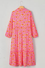 Pink Floral Long Sleeve Tassel Tied V Neck Maxi Dress