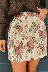 Apricot Buttoned Front Scalloped Trim Mini Jacquard Floral Skirt