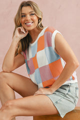 Fiery Red Checkered Color Block Cap Sleeve Knitted Top