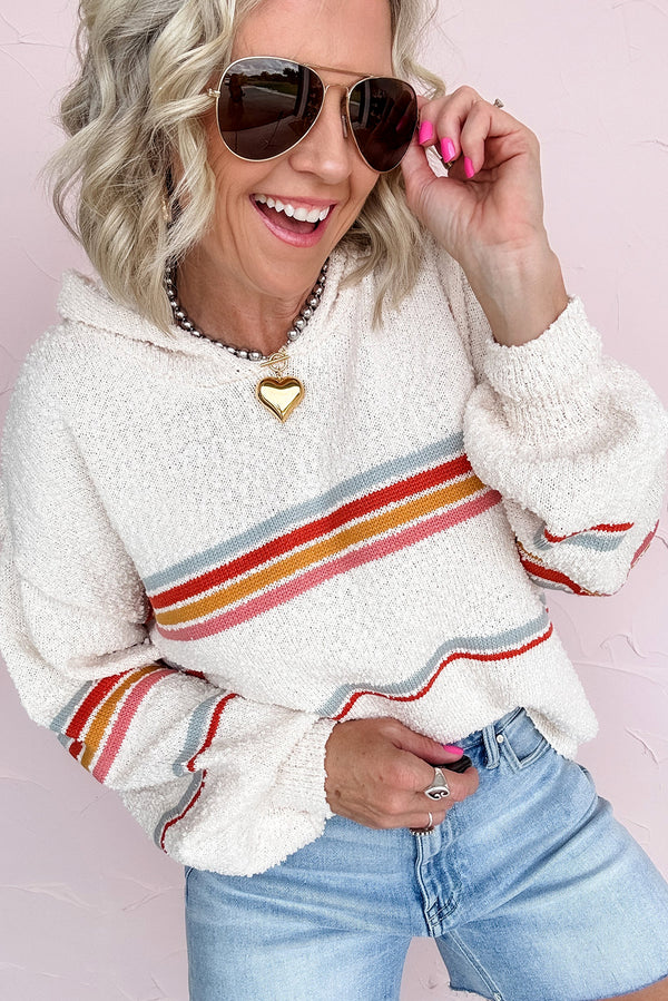 White Casual Striped Drop Sleeve Hooded Sweater