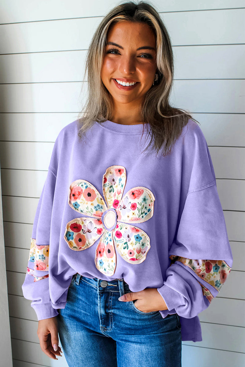 Wisteria Flower Applique Patchwork Drop Sleeve Pullover Sweatshirt