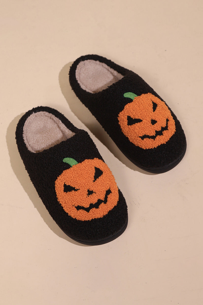 White Halloween Pumpkin Print Plush Slippers