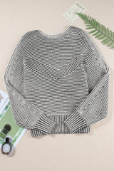 Light French Beige Striped Print Ribbed Knit Raglan Sleeve Baggy Sweater