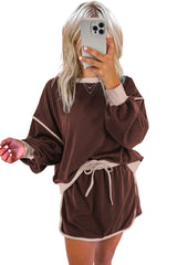 Rose Red Contrast Trim Loose Pullover and Lace-up Waist Skirt Set