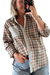 Brown Plaid Striped Patchwork Long Sleeve Shirt