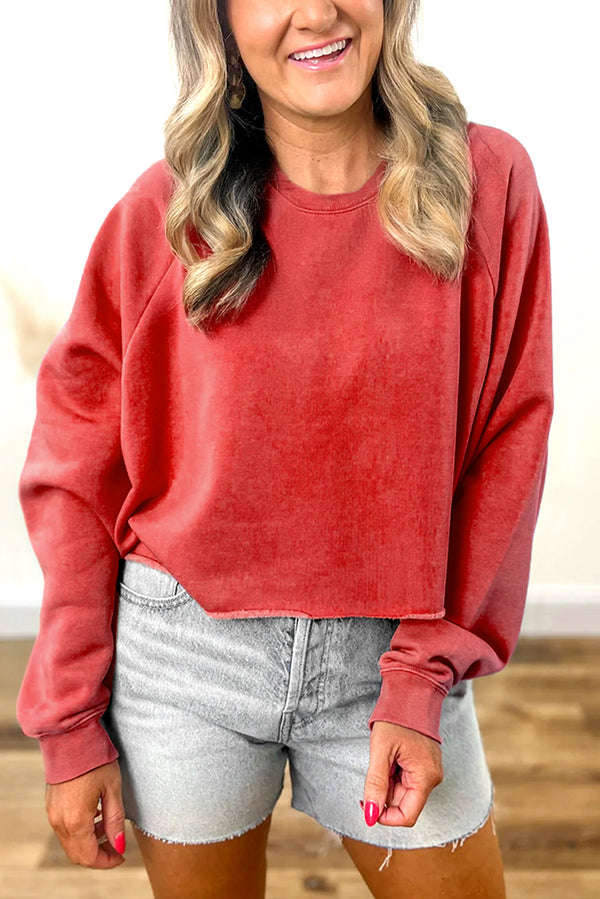 Racing Red Solid Color Raglan Sleeve Pullover Sweatshirt