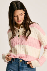 Pink Colorblock Button Collar Twisted Cable Knit Sweater