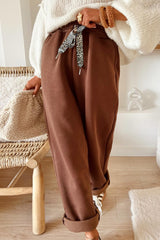 Coffee Leopard Drawstring Winter Fleece Pants