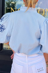 Beau Blue Flower Embroidered Puff Sleeve Split Neck Textured Blouse