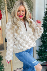 Khaki Checkered Sherpa Corduroy Patchwork Zip-up Collared Jacket