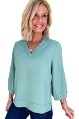 Sky Blue Frill V Neckline Puff Sleeve Crinkled Blouse